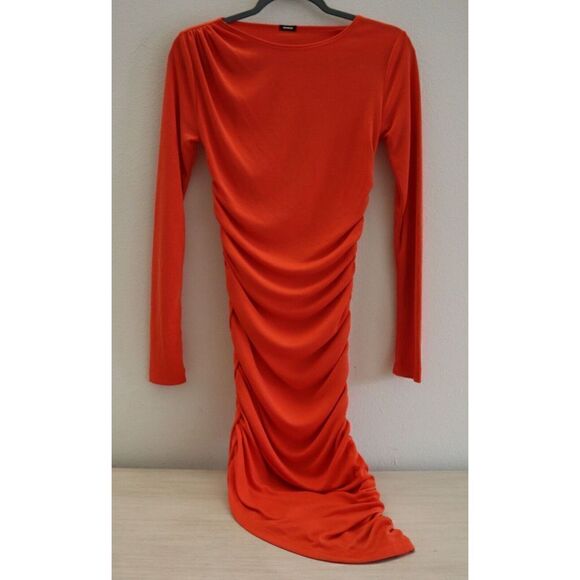 Monrow Women's Sz S Tangerine Orange Ruched Long Sleeve Midi Bodycon Dress - Picture 1 of 3
